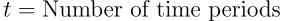 \begin{align*} t &= \text{Number of time periods} \end{align*}